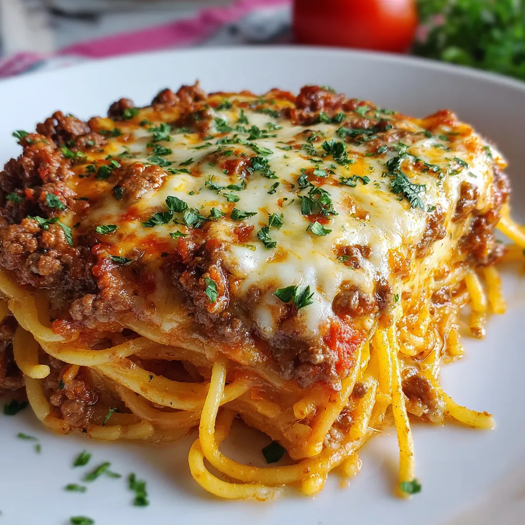 Cheesy baked spaghetti with ground beef in a casserole dish