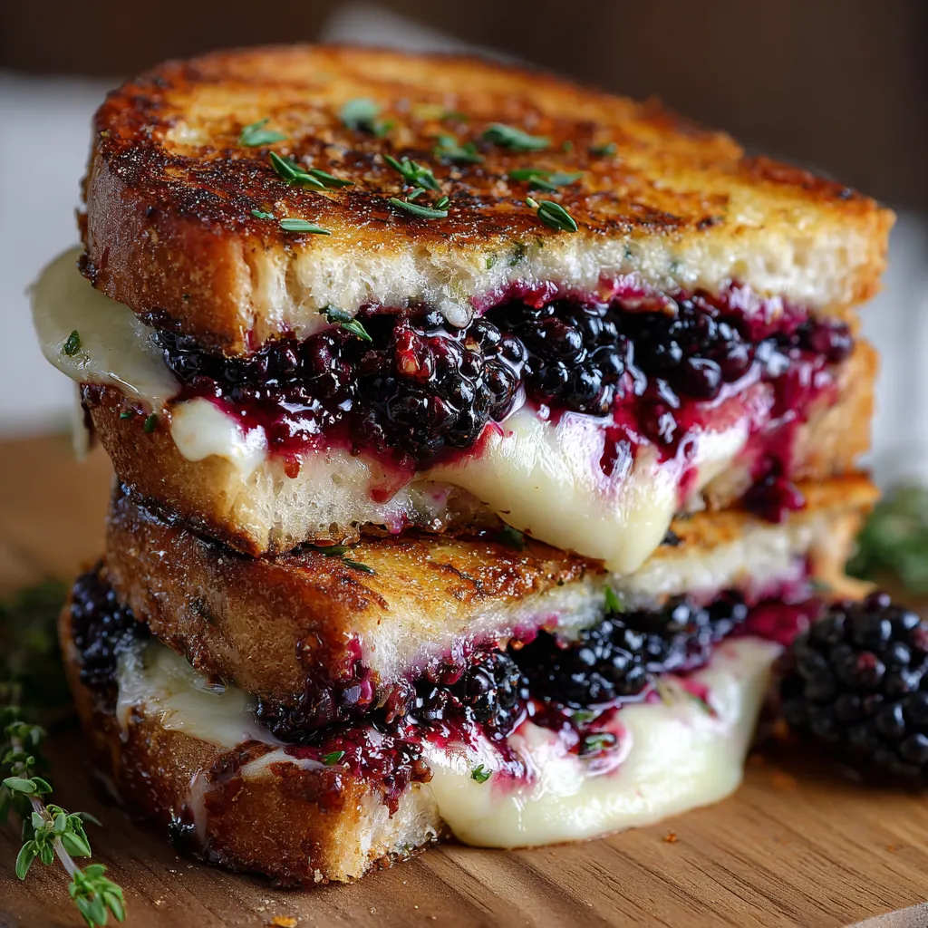 Close-up of balsamic blackberry grilled cheese with melted brie and juicy blackberries between toasted sourdough