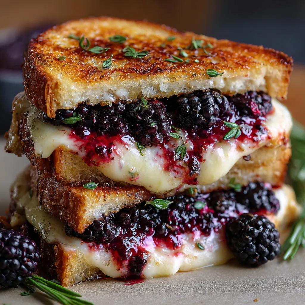Close-up of balsamic blackberry grilled cheese with melted brie and juicy blackberries between toasted sourdough