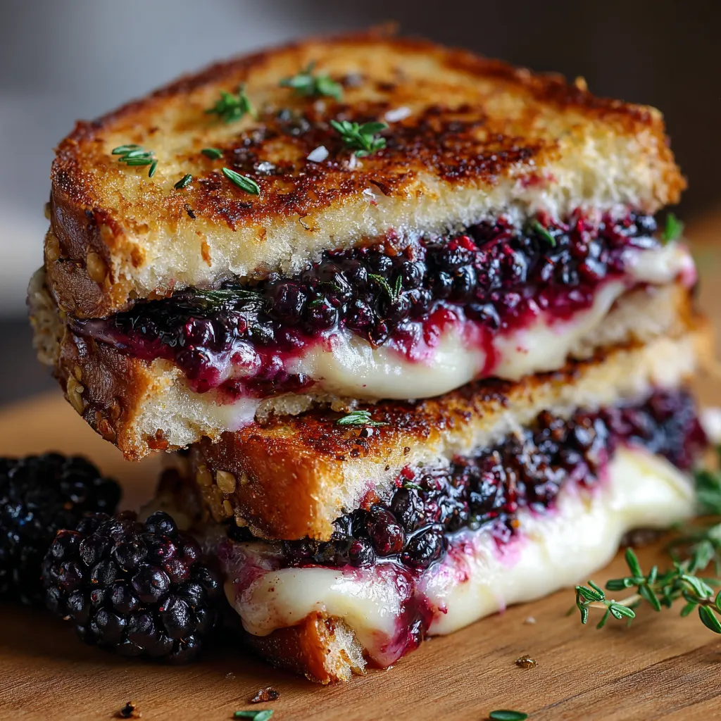 Close-up of balsamic blackberry grilled cheese with melted brie and juicy blackberries between toasted sourdough