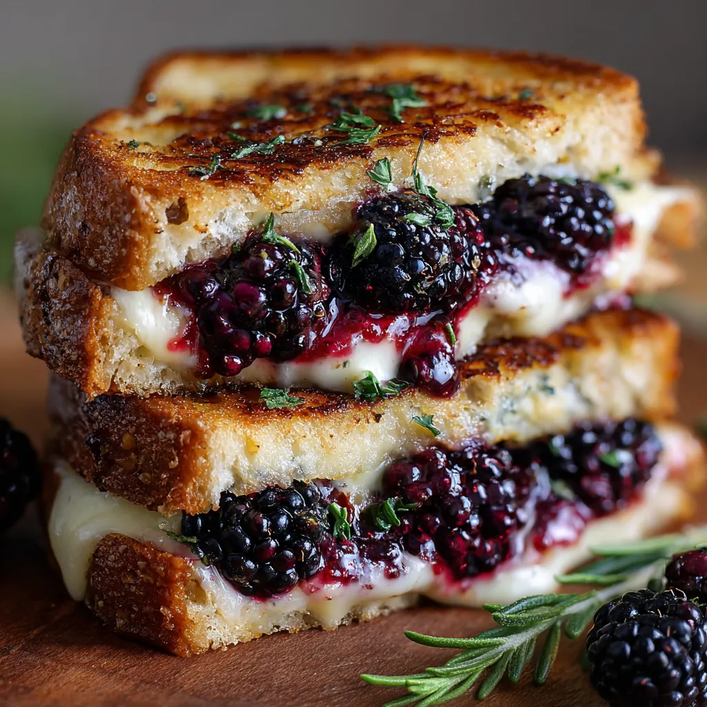 Close-up of balsamic blackberry grilled cheese with melted brie and juicy blackberries between toasted sourdough