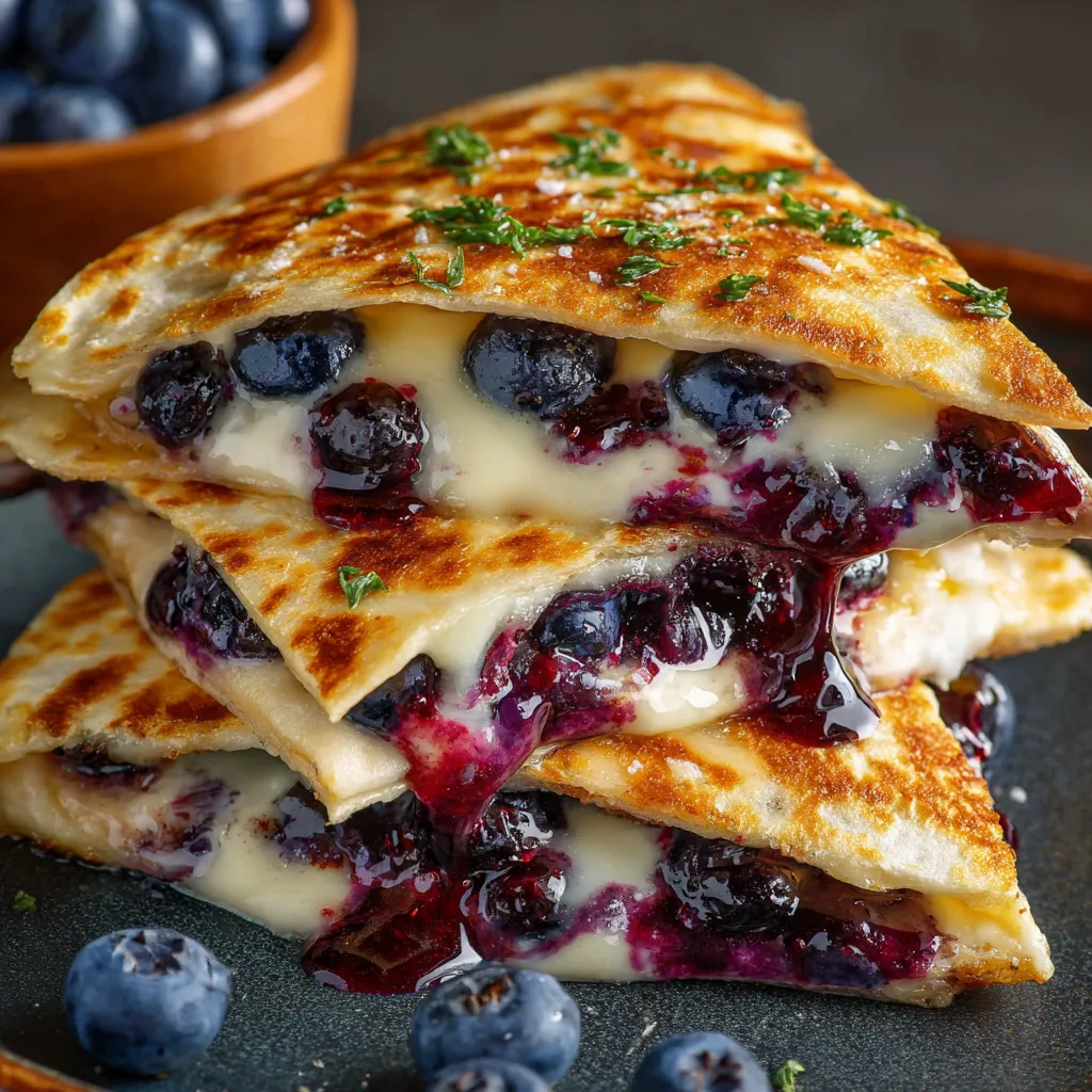 A golden-brown blueberry breakfast quesadilla cut into wedges and served on a white plate with a honey drizzle.