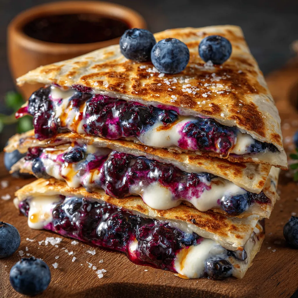 A golden-brown blueberry breakfast quesadilla cut into wedges and served on a white plate with a honey drizzle.