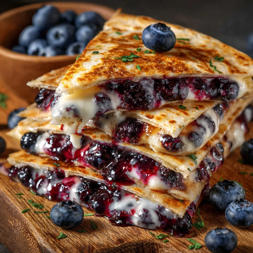 A golden-brown blueberry breakfast quesadilla cut into wedges and served on a white plate with a honey drizzle.