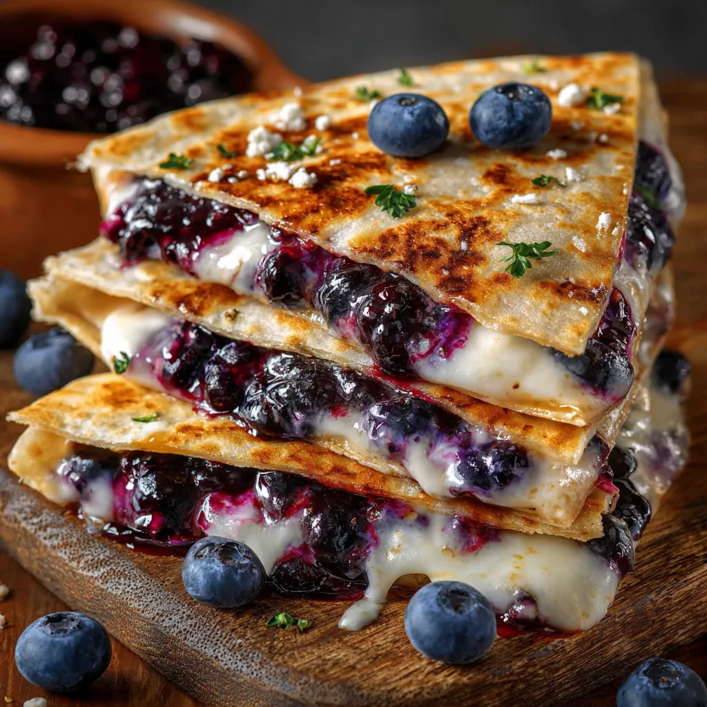 A golden-brown blueberry breakfast quesadilla cut into wedges and served on a white plate with a honey drizzle.