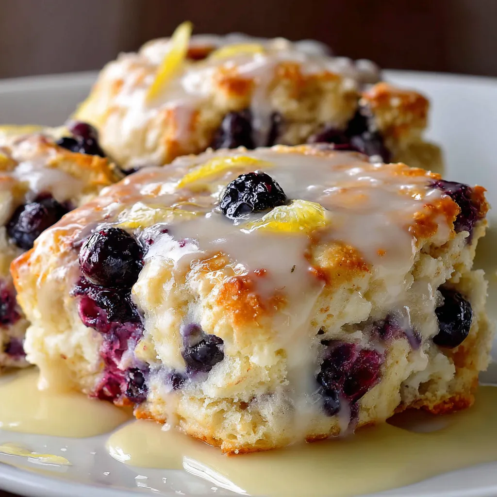 Golden blueberry butter biscuits drizzled with lemon glaze on a parchment-lined tray.