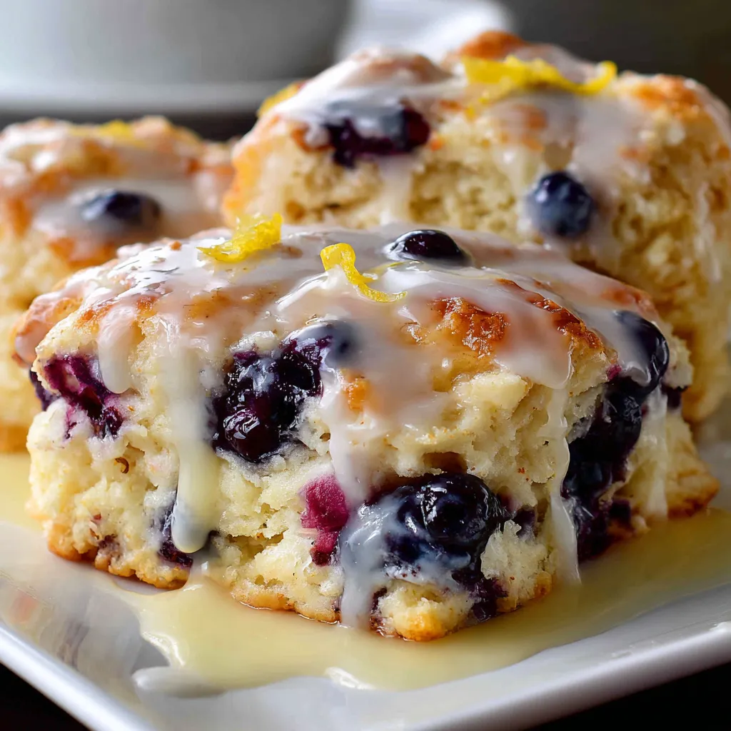 Golden blueberry butter biscuits drizzled with lemon glaze on a parchment-lined tray.