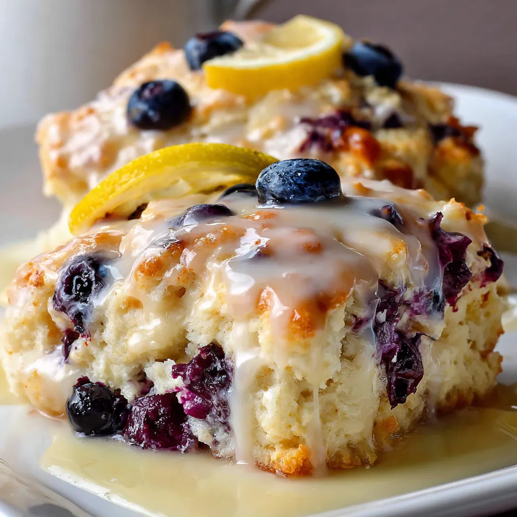 Golden blueberry butter biscuits drizzled with lemon glaze on a parchment-lined tray.
