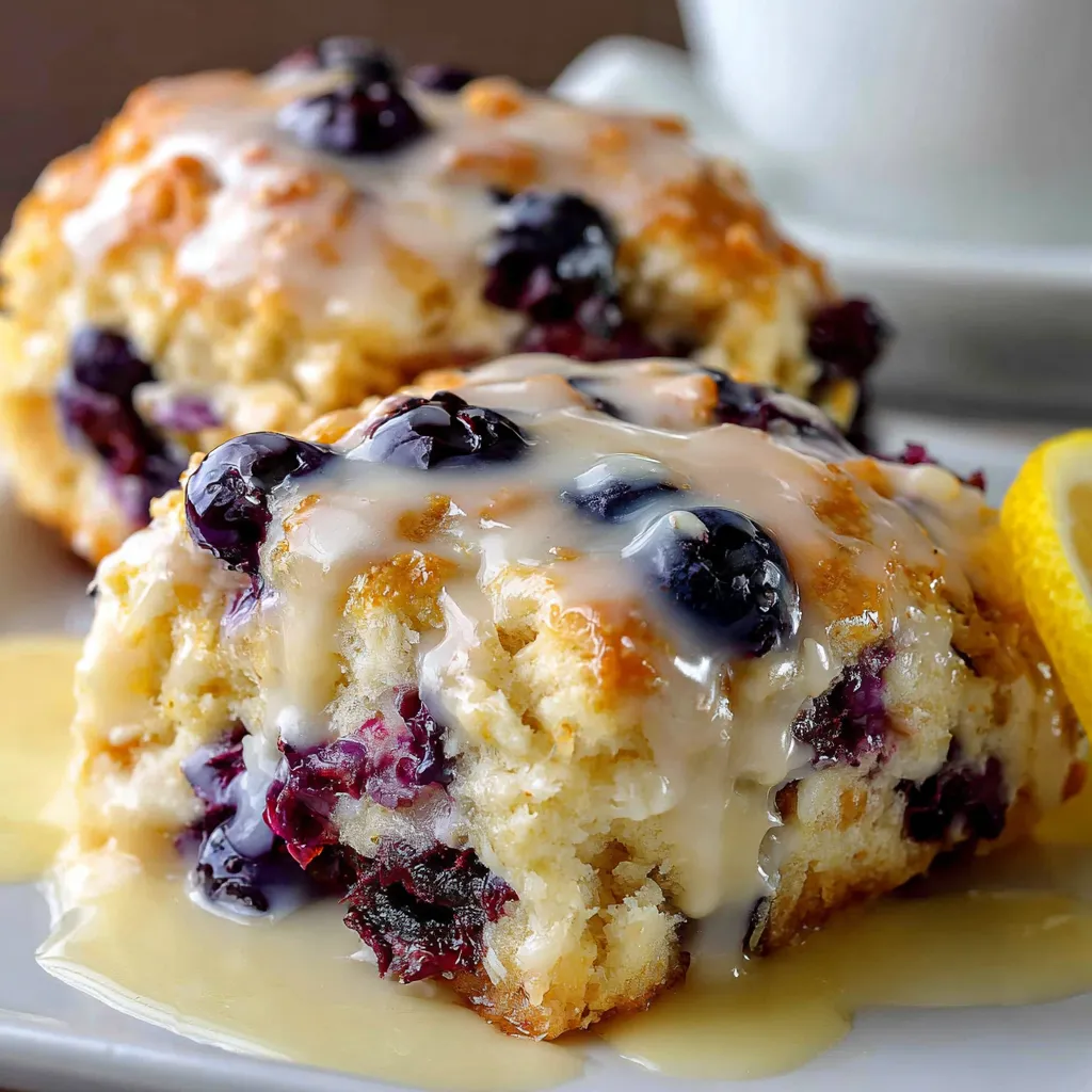 Golden blueberry butter biscuits drizzled with lemon glaze on a parchment-lined tray.