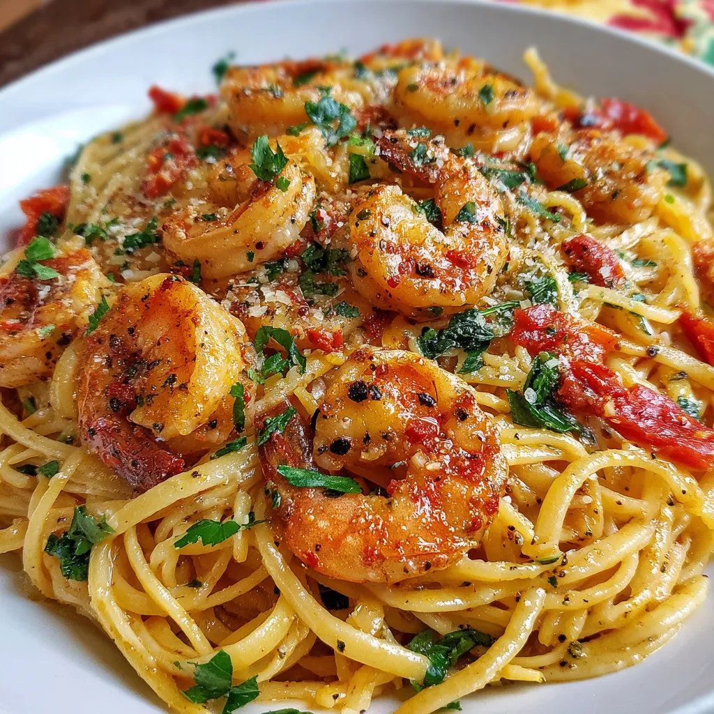 Bowl of creamy Cajun shrimp pasta topped with parsley and lemon wedges