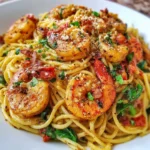 Bowl of creamy Cajun shrimp pasta topped with parsley and lemon wedges