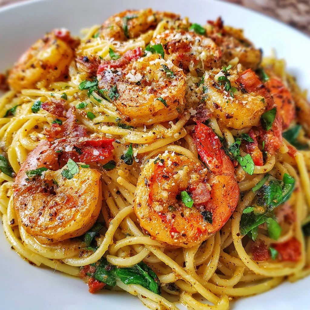 Bowl of creamy Cajun shrimp pasta topped with parsley and lemon wedges