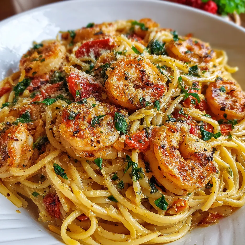 Bowl of creamy Cajun shrimp pasta topped with parsley and lemon wedges