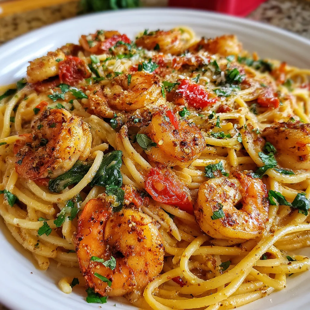 Bowl of creamy Cajun shrimp pasta topped with parsley and lemon wedges