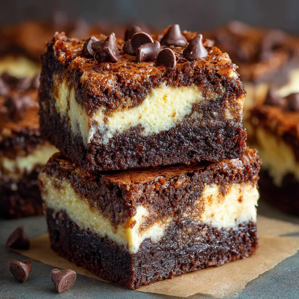 Cheesecake brownies with a marbled chocolate and cream cheese swirl in a square baking pan.