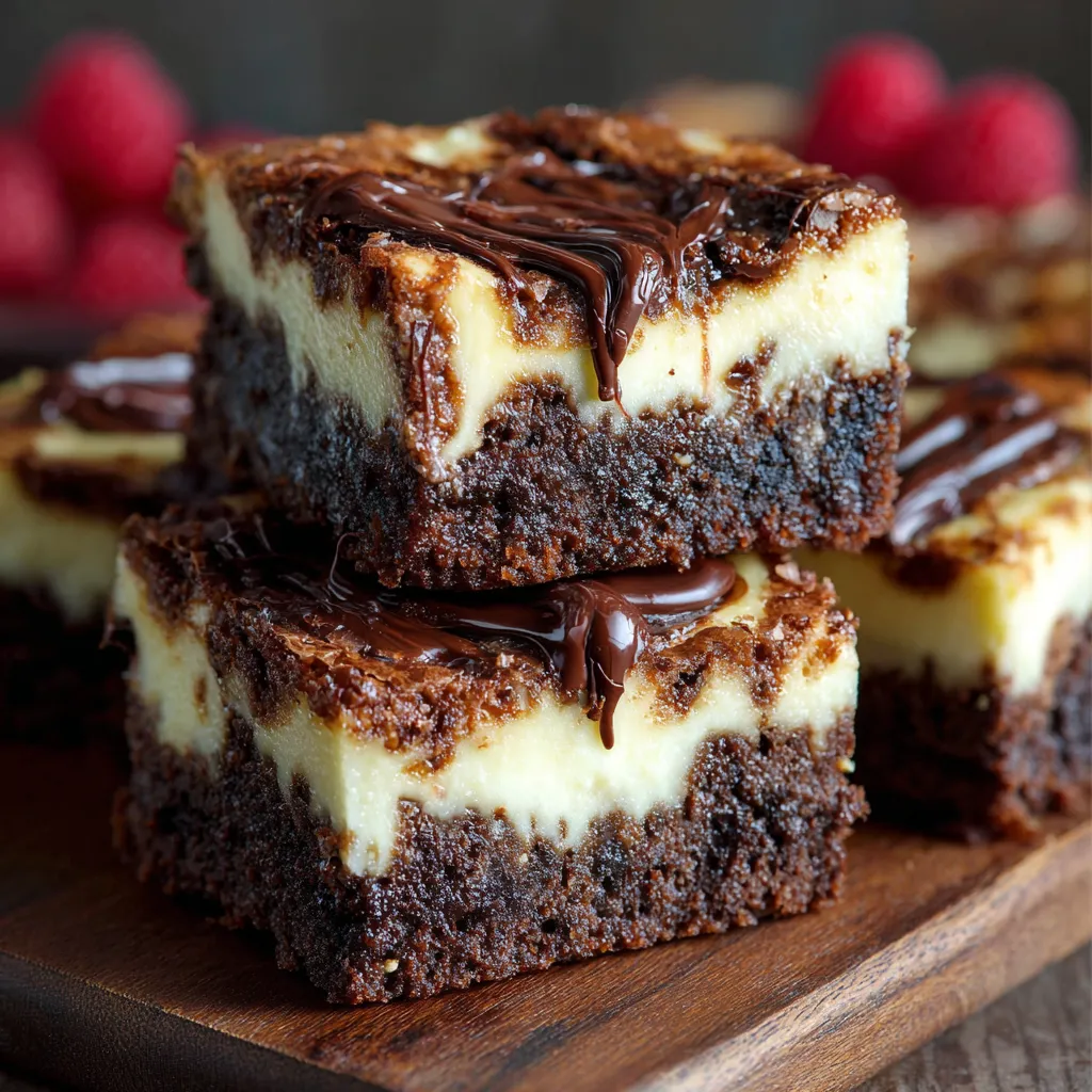Cheesecake brownies with a marbled chocolate and cream cheese swirl in a square baking pan.