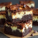 Cheesecake brownies with a marbled chocolate and cream cheese swirl in a square baking pan.