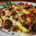 Cheesy zucchini and ground beef casserole baked golden in a white ceramic dish