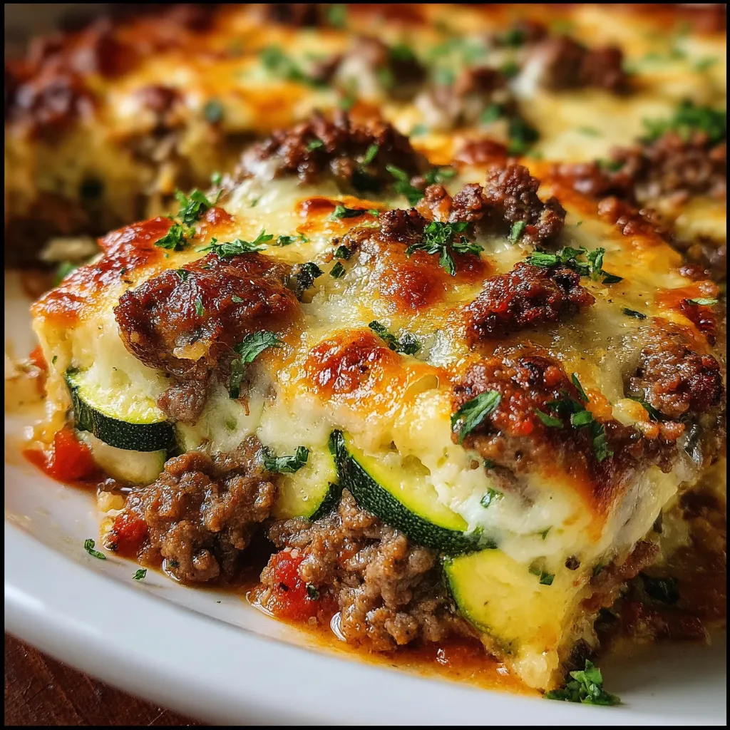 Cheesy zucchini and ground beef casserole baked golden in a white ceramic dish