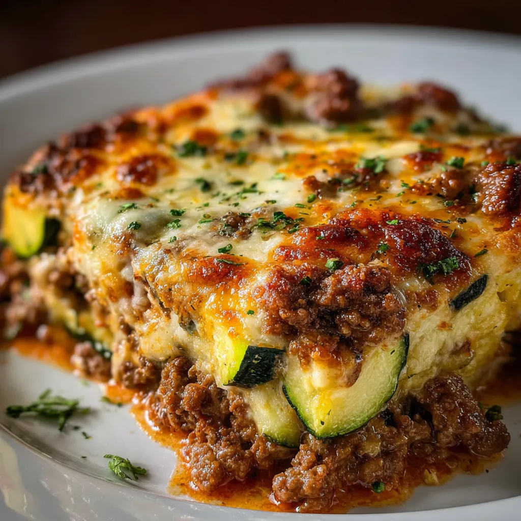 Cheesy zucchini and ground beef casserole baked golden in a white ceramic dish