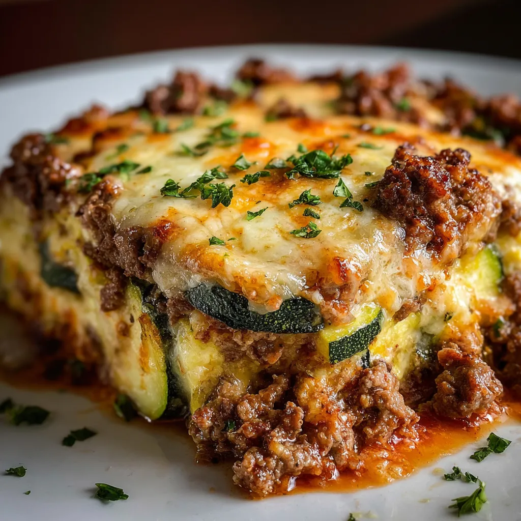 Cheesy zucchini and ground beef casserole baked golden in a white ceramic dish