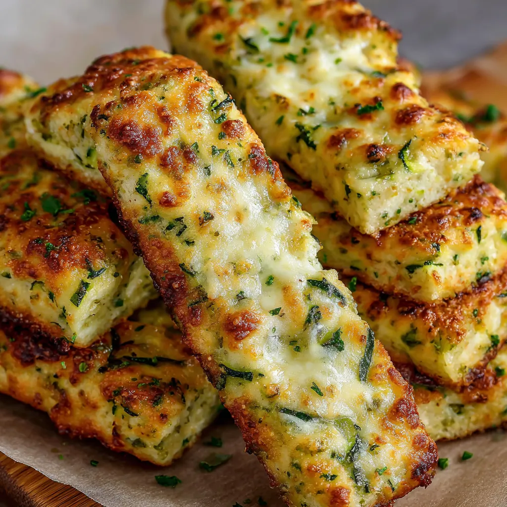 Crispy cheesy zucchini breadsticks served with marinara sauce on parchment paper
