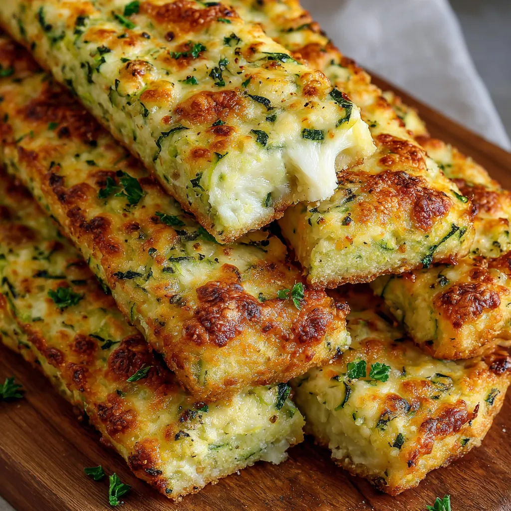 Crispy cheesy zucchini breadsticks served with marinara sauce on parchment paper