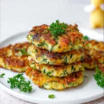 Crispy cheesy zucchini fritters on a white plate, garnished with herbs and served with a yogurt dip.