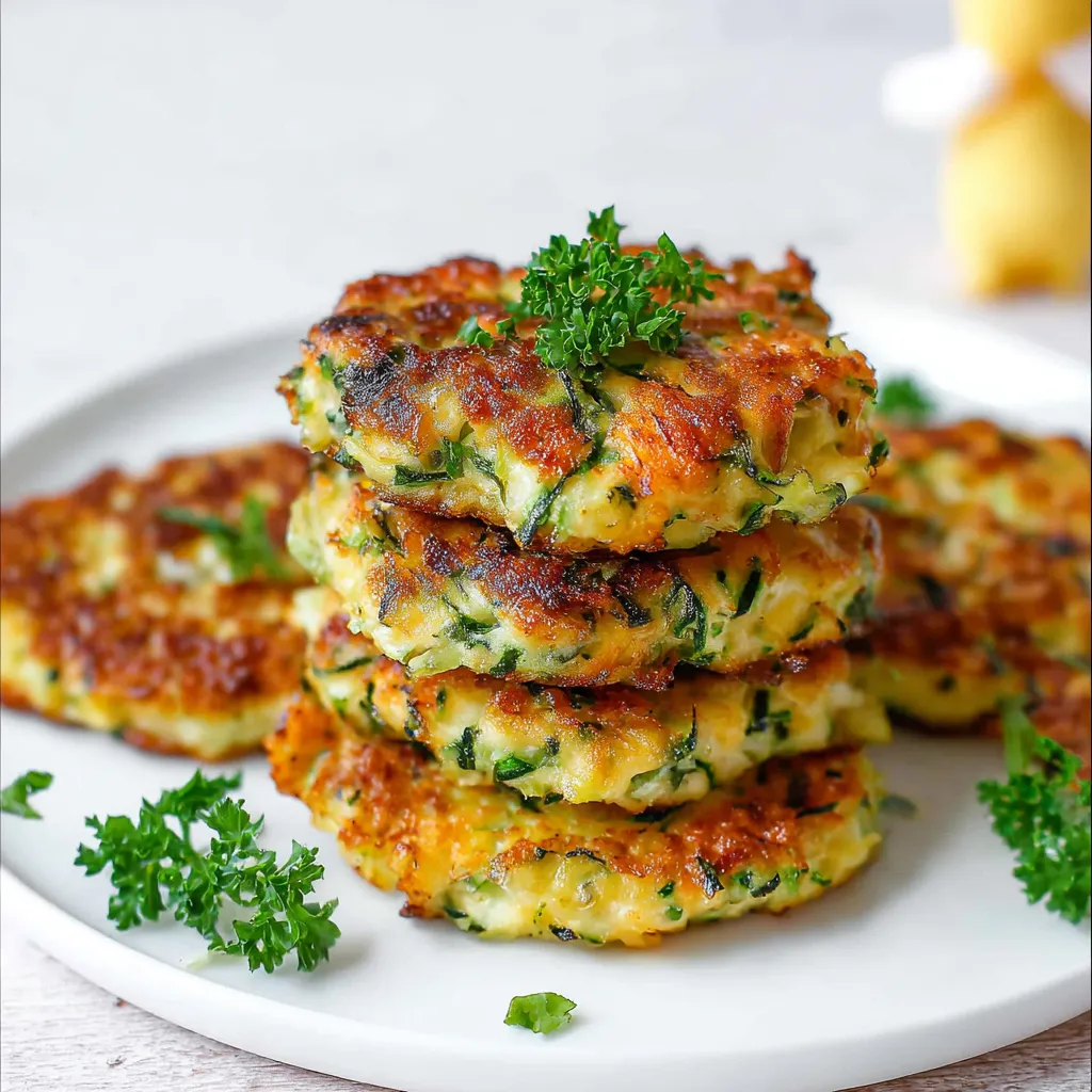 Crispy cheesy zucchini fritters on a white plate, garnished with herbs and served with a yogurt dip.