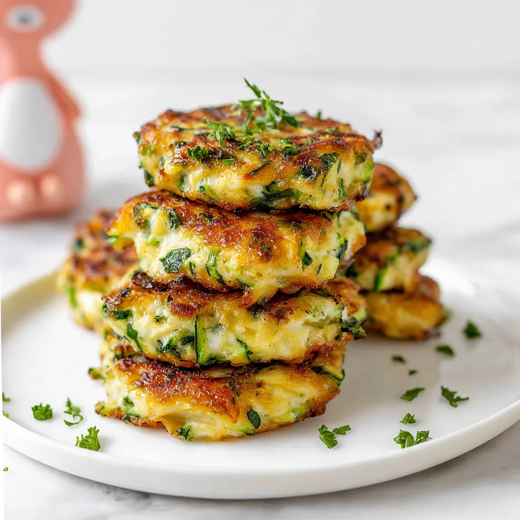 Crispy cheesy zucchini fritters on a white plate, garnished with herbs and served with a yogurt dip.
