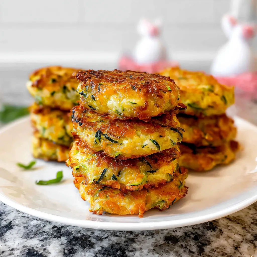 Crispy cheesy zucchini fritters on a white plate, garnished with herbs and served with a yogurt dip.