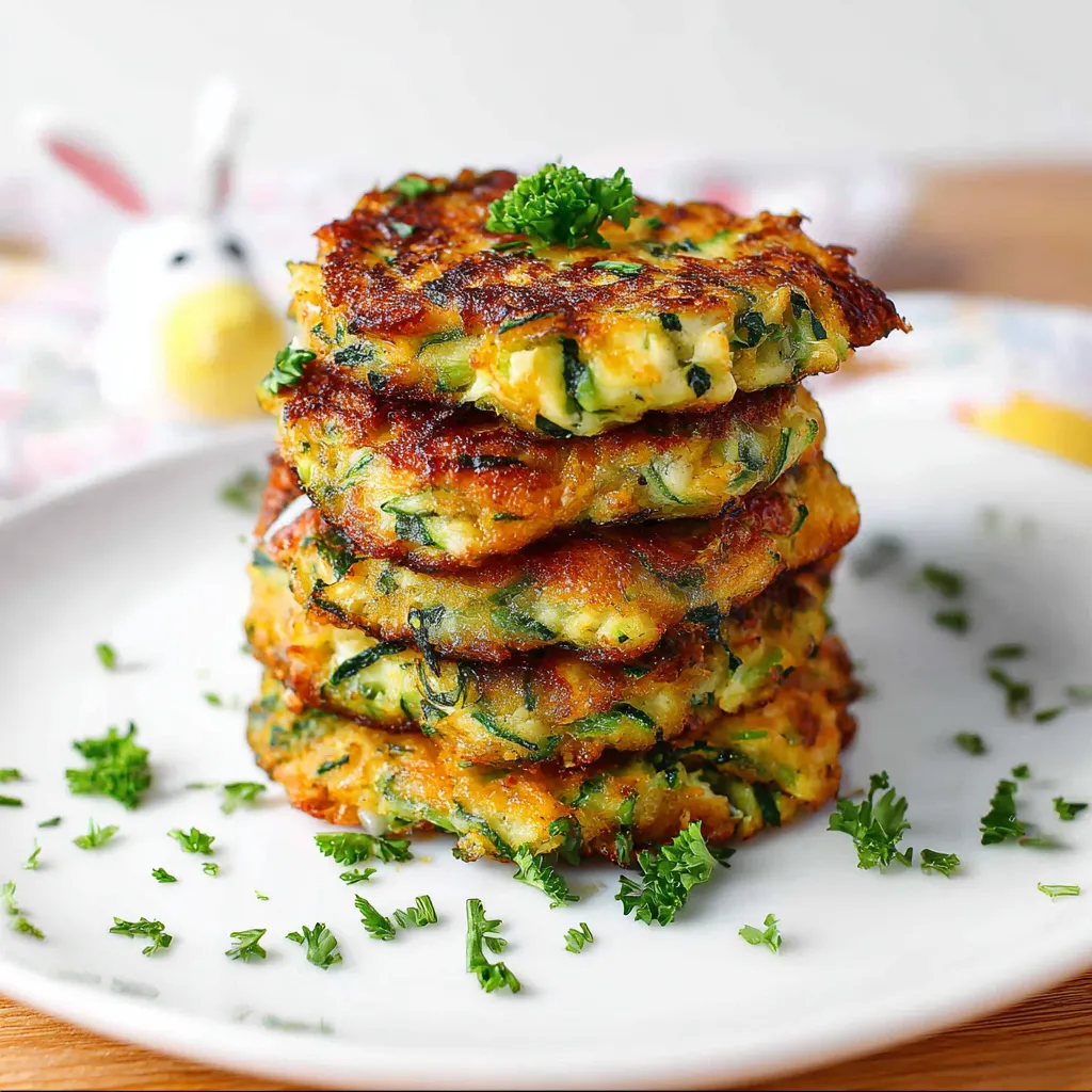 Crispy cheesy zucchini fritters on a white plate, garnished with herbs and served with a yogurt dip.