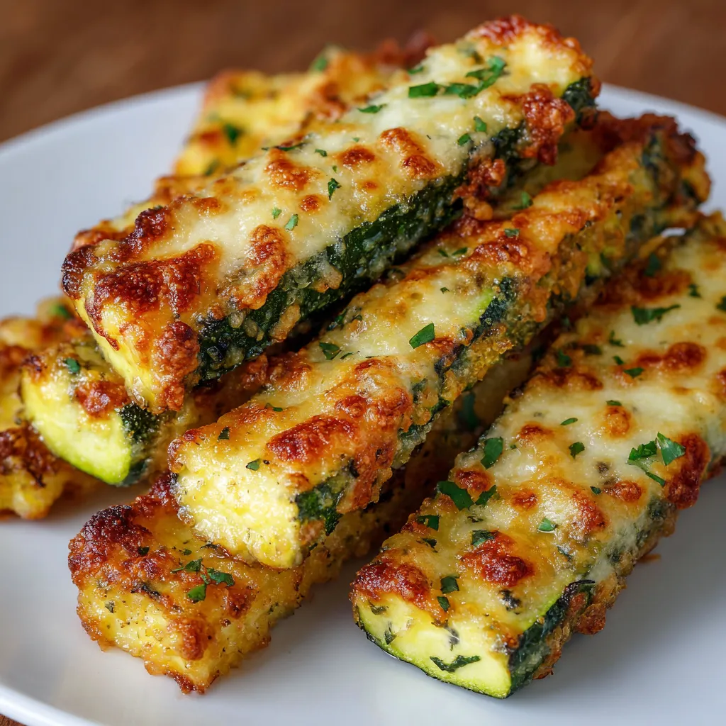 Crispy baked cheesy zucchini sticks arranged on a platter with dipping sauce