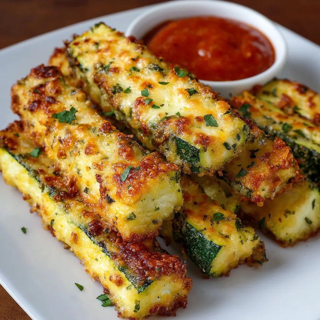 Crispy baked cheesy zucchini sticks arranged on a platter with dipping sauce