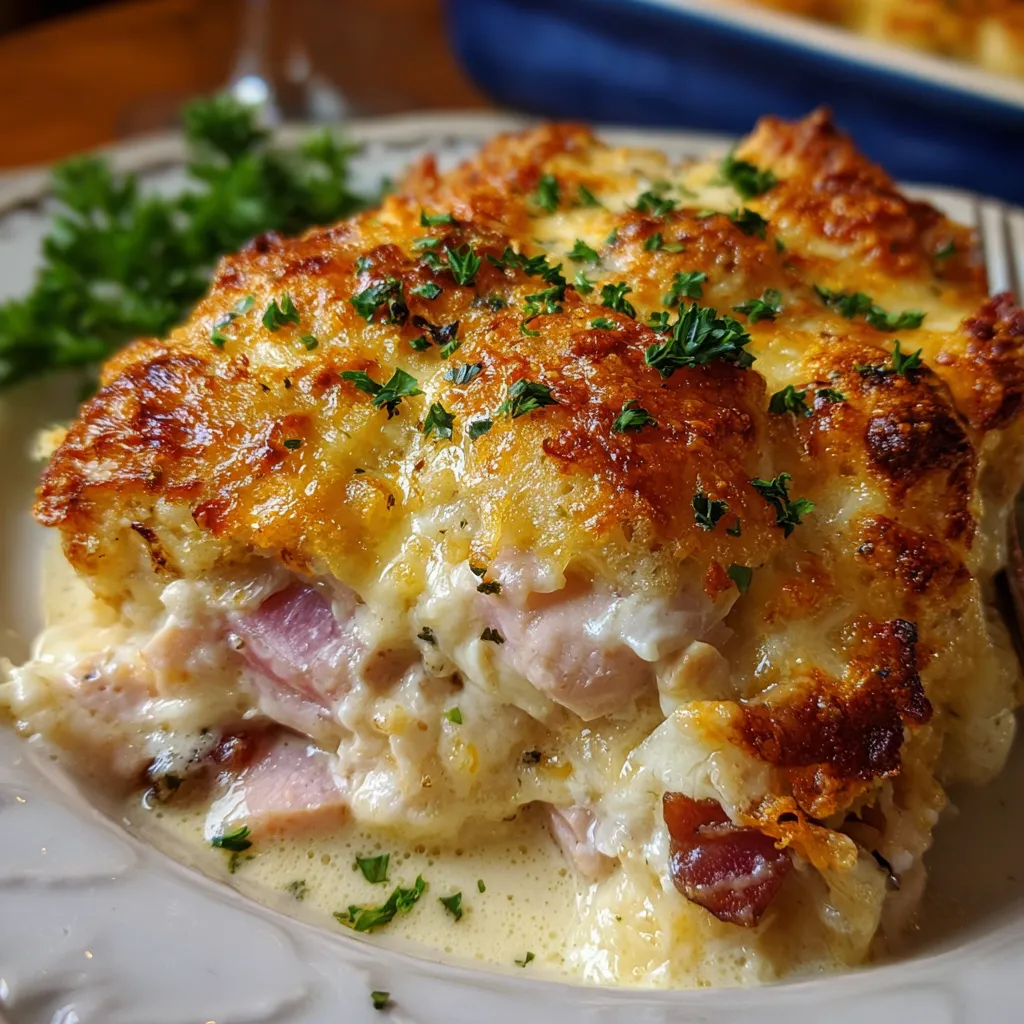 Chicken Cordon Bleu Casserole with creamy filling and golden cracker topping fresh out of the oven