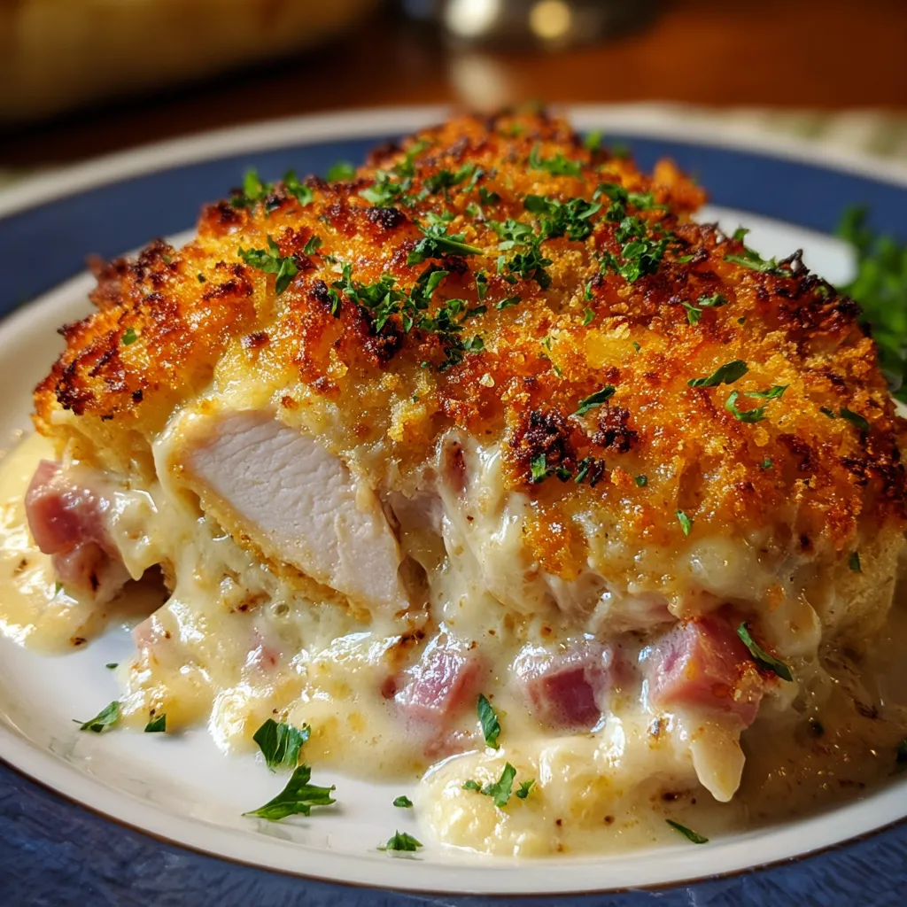 Chicken Cordon Bleu Casserole with creamy filling and golden cracker topping fresh out of the oven