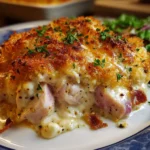 Chicken Cordon Bleu Casserole with creamy filling and golden cracker topping fresh out of the oven
