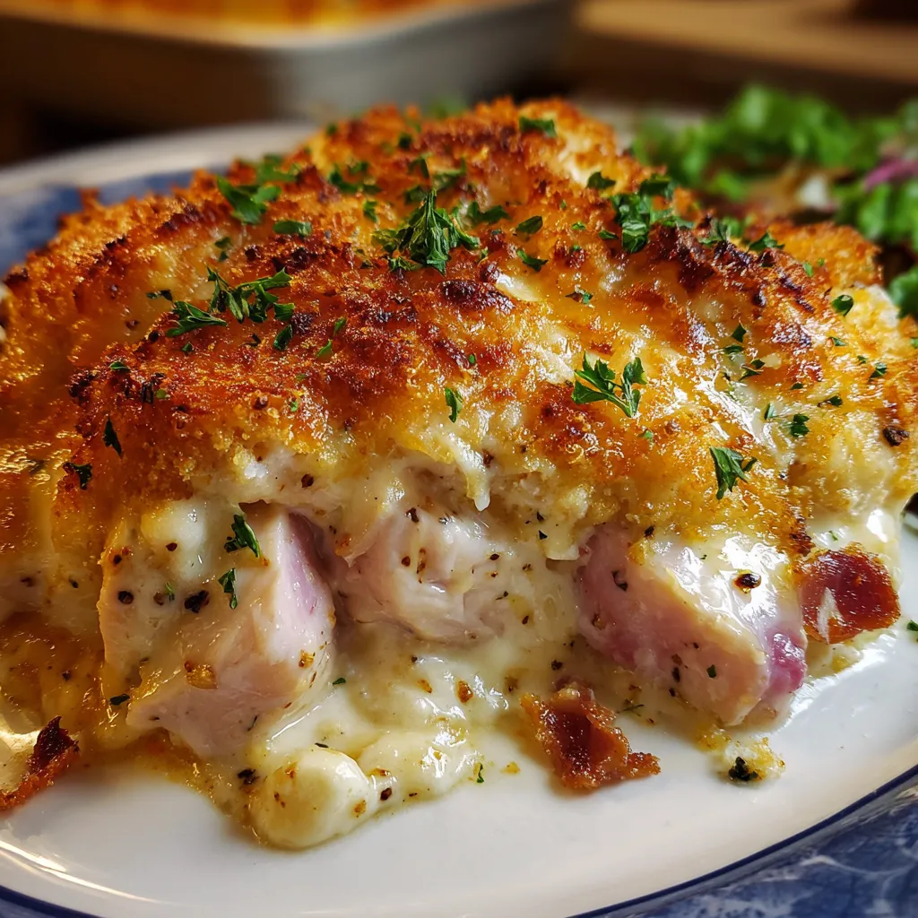 Chicken Cordon Bleu Casserole with creamy filling and golden cracker topping fresh out of the oven