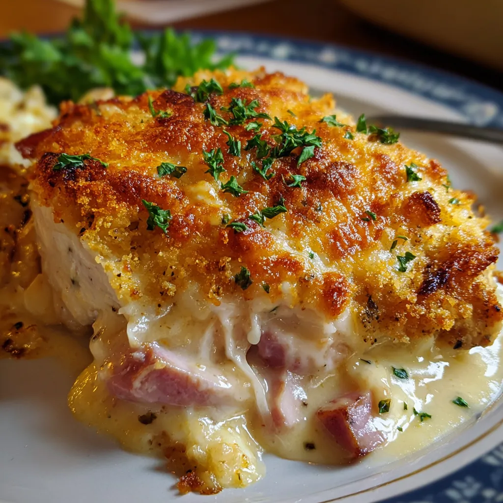 Chicken Cordon Bleu Casserole with creamy filling and golden cracker topping fresh out of the oven