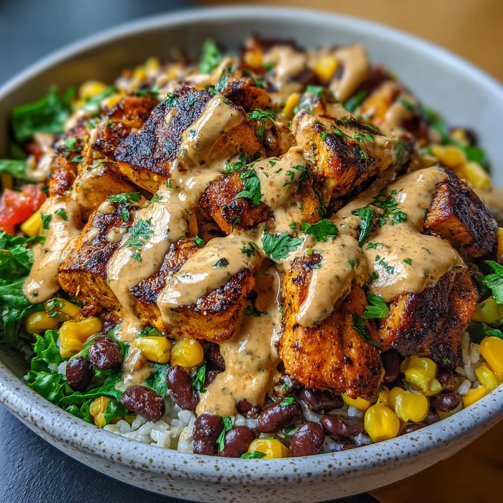 Chipotle Chicken Bowl topped with avocado, black beans, corn, and creamy sauce in a white bowl