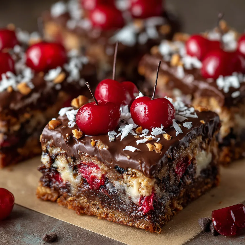 Close-up of Chocolate Covered Cherry Magic Bars showing layers of graham cracker crust, coconut, cherries, nuts, and melted chocolate