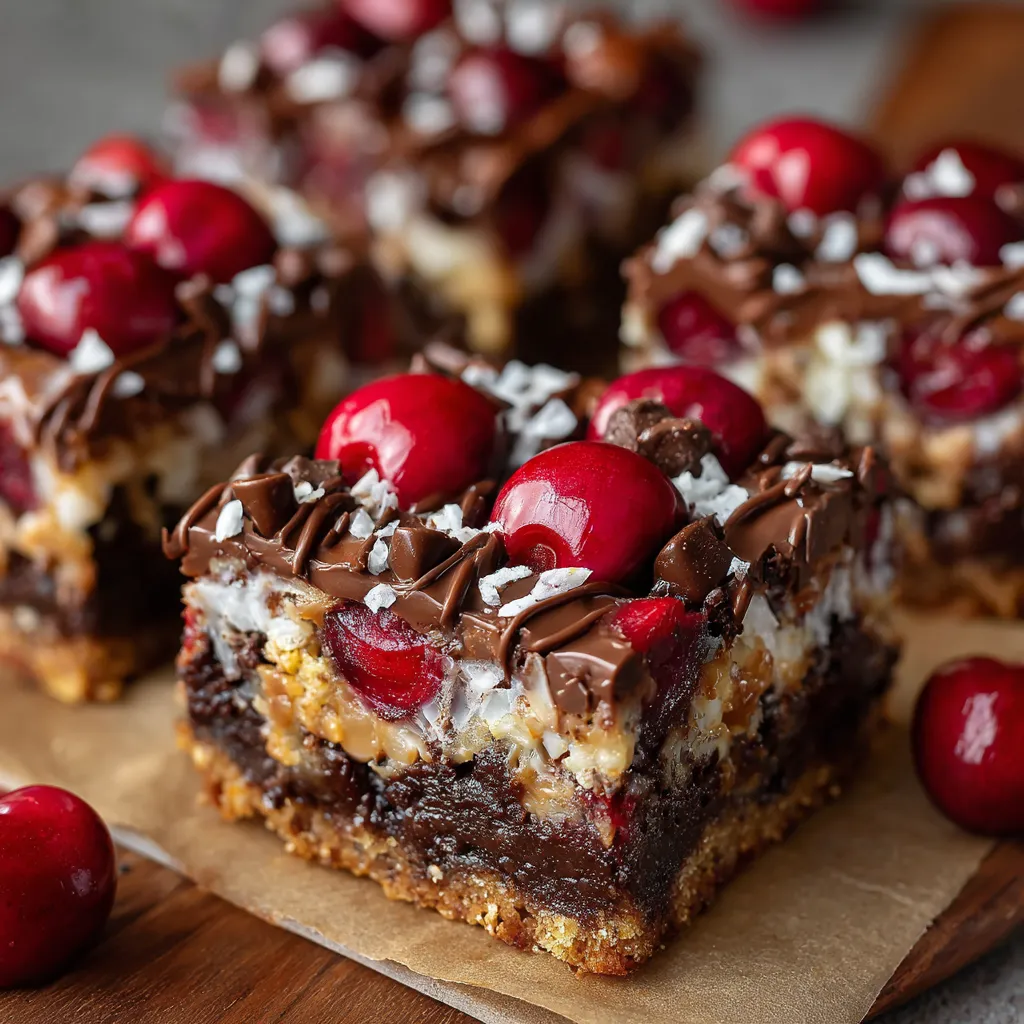 Close-up of Chocolate Covered Cherry Magic Bars showing layers of graham cracker crust, coconut, cherries, nuts, and melted chocolate