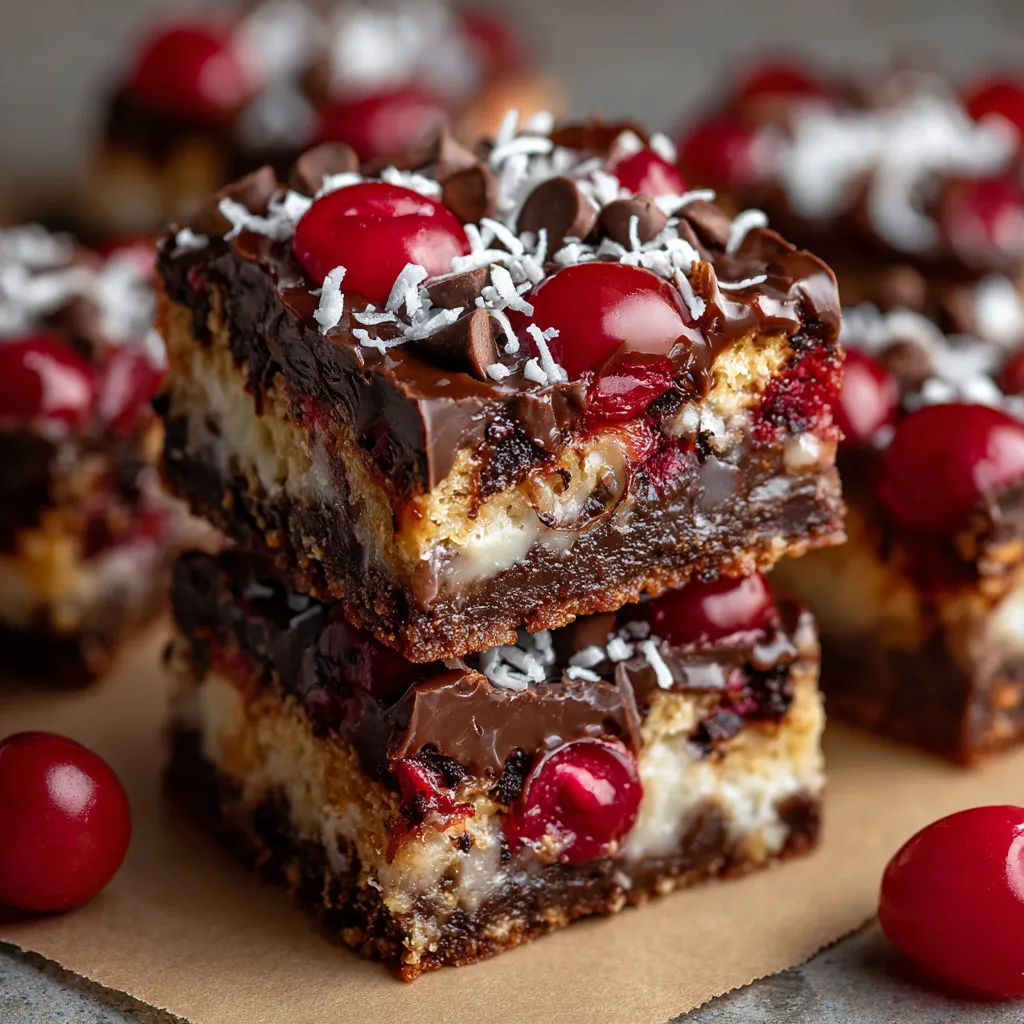 Close-up of Chocolate Covered Cherry Magic Bars showing layers of graham cracker crust, coconut, cherries, nuts, and melted chocolate