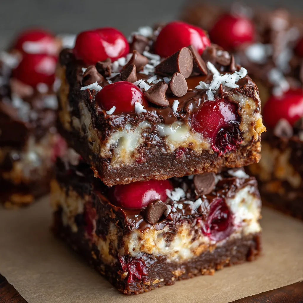 Close-up of Chocolate Covered Cherry Magic Bars showing layers of graham cracker crust, coconut, cherries, nuts, and melted chocolate