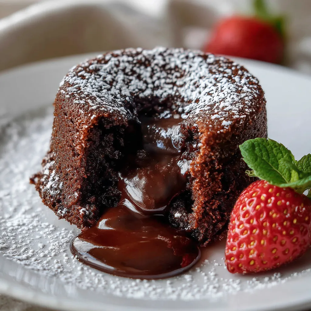 Warm chocolate lava cake with a gooey molten center, dusted with powdered sugar.