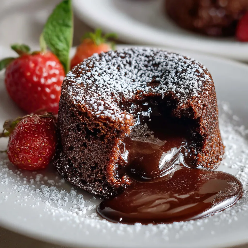 Warm chocolate lava cake with a gooey molten center, dusted with powdered sugar.