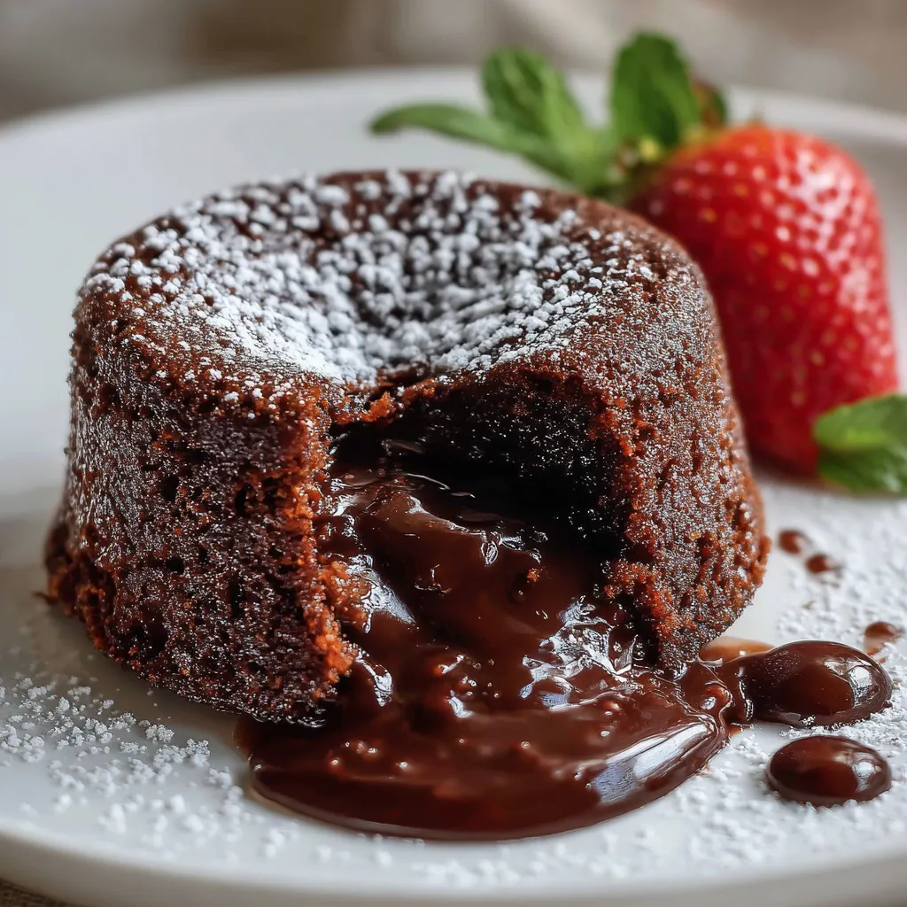 Warm chocolate lava cake with a gooey molten center, dusted with powdered sugar.