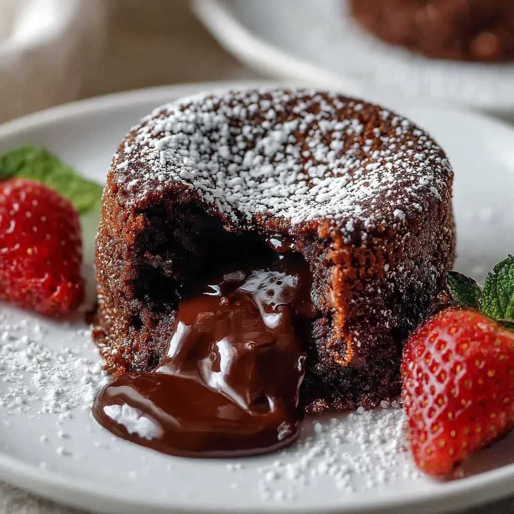 Warm chocolate lava cake with a gooey molten center, dusted with powdered sugar.