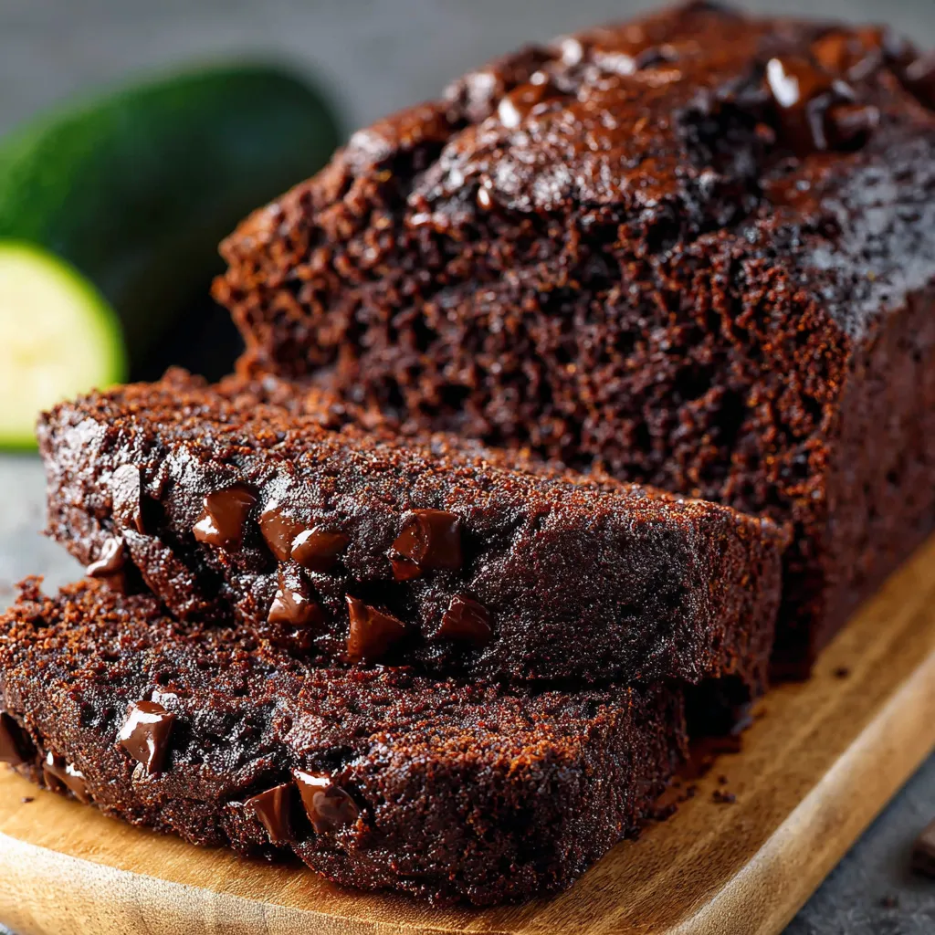 Sliced chocolate zucchini bread on a wooden cutting board with visible chocolate chips and zucchini flecks.