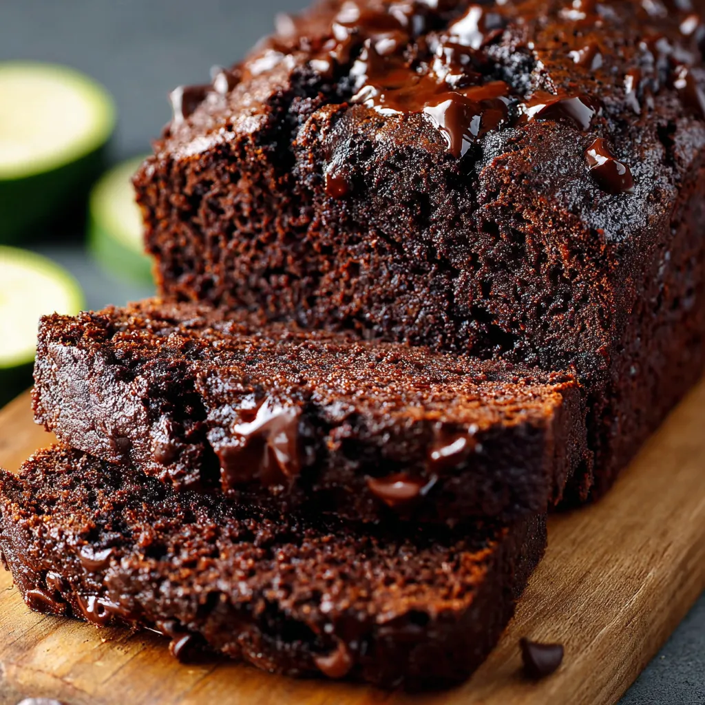 Sliced chocolate zucchini bread on a wooden cutting board with visible chocolate chips and zucchini flecks.